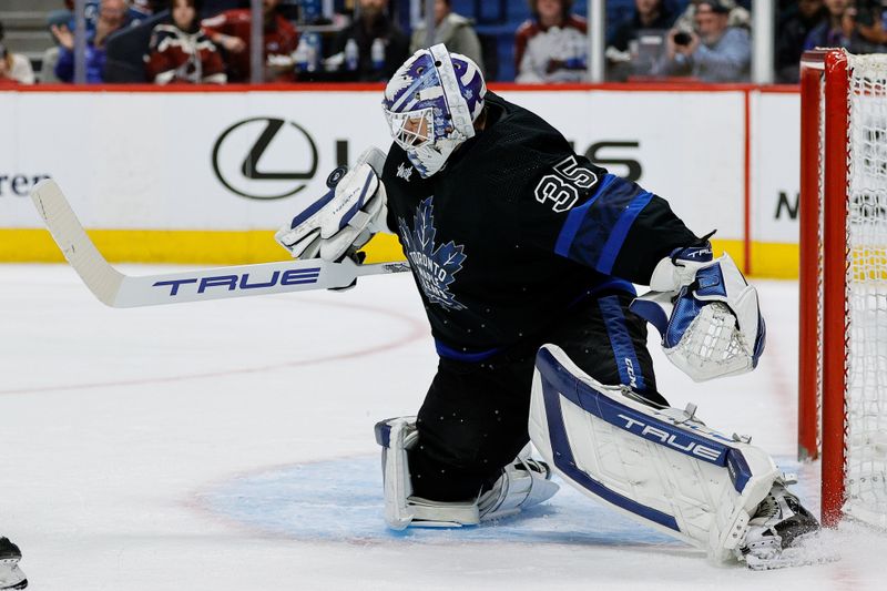 Feb 24, 2024; Denver, Colorado, USA; Toronto Maple Leafs goaltender Ilya Samsonov (35) deflects a shot in the second period against the Colorado Avalanche at Ball Arena. Mandatory Credit: Isaiah J. Downing-USA TODAY Sports