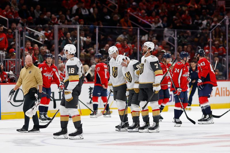 Oct 15, 2024; Washington, District of Columbia, USA; Vegas Golden Knights right wing Victor Olofsson (95) is helped off the ice after being injured against the Washington Capitals in the third period at Capital One Arena. Mandatory Credit: Geoff Burke-Imagn Images