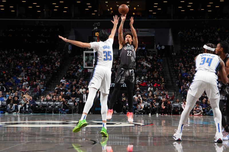 BROOKLYN, NY - DECEMBER 1: Cameron Johnson #2 of the Brooklyn Nets shoots a three point basket during the game against the Orlando Magic on December 1, 2024 at Barclays Center in Brooklyn, New York. NOTE TO USER: User expressly acknowledges and agrees that, by downloading and or using this Photograph, user is consenting to the terms and conditions of the Getty Images License Agreement. Mandatory Copyright Notice: Copyright 2024 NBAE (Photo by Jesse D. Garrabrant/NBAE via Getty Images)