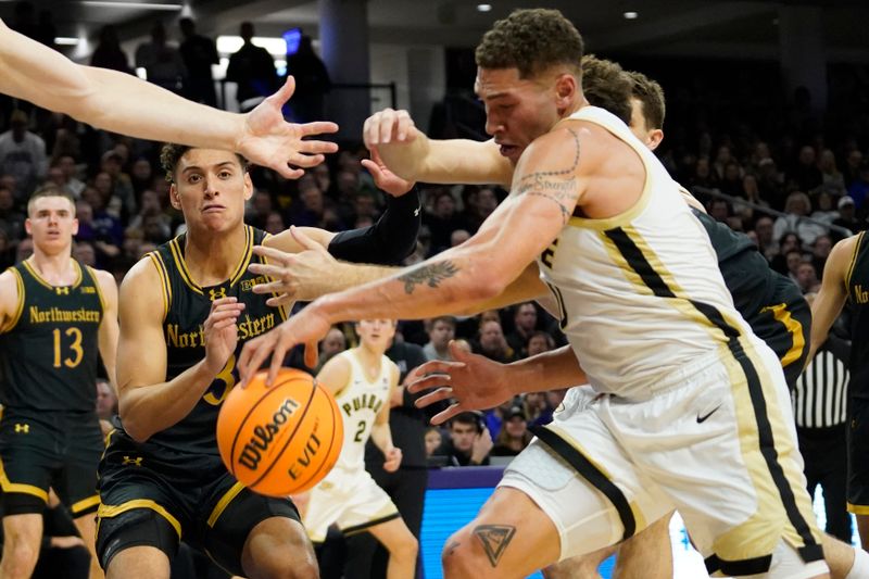 Dec 1, 2023; Evanston, Illinois, USA; Northwestern Wildcats guard Ty Berry (3) and Purdue Boilermakers forward Mason Gillis (0) go for a loose ball during the first half at Welsh-Ryan Arena. Mandatory Credit: David Banks-USA TODAY Sports