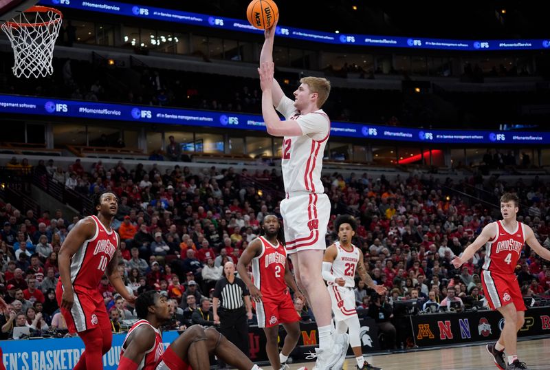 Mar 8, 2023; Chicago, IL, USA; Wisconsin Badgers forward Steven Crowl (22) shoots the ball against the Ohio State Buckeyes during the first half at United Center. Mandatory Credit: David Banks-USA TODAY Sports