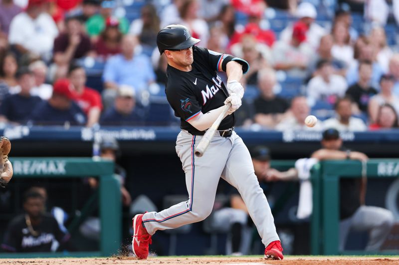 Aug 14, 2024; Philadelphia, Pennsylvania, USA; Miami Marlins first base Jonah Bride (41) hits a three RBI home run during the first inning against the Philadelphia Phillies at Citizens Bank Park. Mandatory Credit: Bill Streicher-USA TODAY Sports