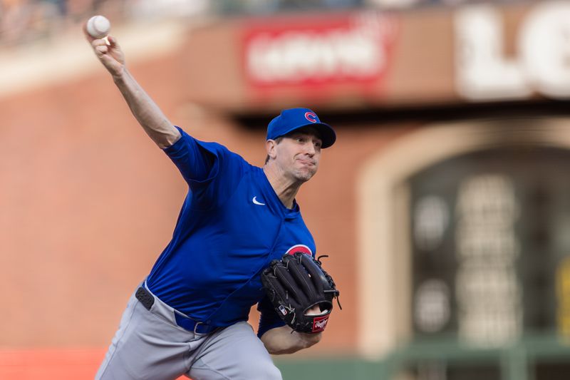 Jun 25, 2024; San Francisco, California, USA; Chicago Cubs starting pitcher Kyle Hendricks (28) pitches against the San Francisco Giants during the first inning at Oracle Park. Mandatory Credit: John Hefti-USA TODAY Sports