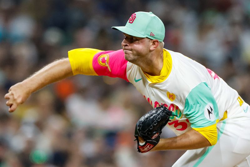 Sep 6, 2024; San Diego, California, USA; San Diego Padres starting pitcher Michael King (34) throws a pitch during the fifth inning against the San Francisco Giants at Petco Park. Mandatory Credit: David Frerker-Imagn Images