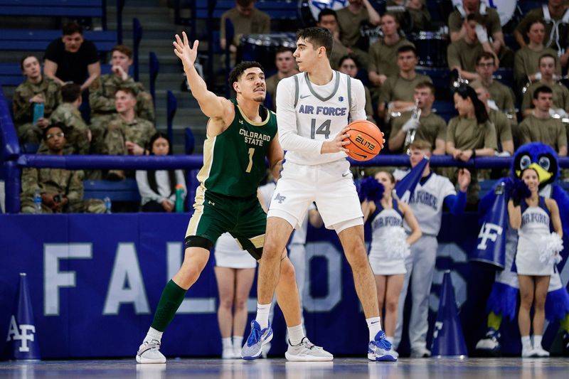 Mar 9, 2024; Colorado Springs, Colorado, USA; Air Force Falcons forward Beau Becker (14) controls the ball as Colorado State Rams forward Joel Scott (1) guards in the first half at Clune Arena. Mandatory Credit: Isaiah J. Downing-USA TODAY Sports