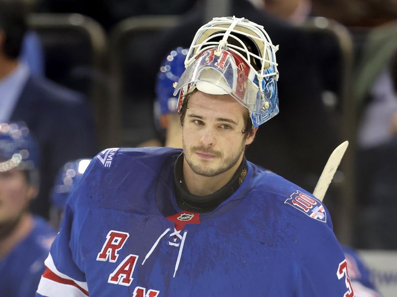Nov 10, 2025; New York, New York, USA; New York Rangers goaltender Igor Shesterkin (31) skates against the Nashville Predators during the first period at Madison Square Garden. Mandatory Credit: Brad Penner-Imagn Images