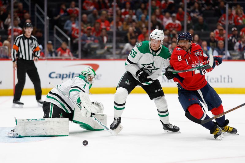 Oct 17, 2024; Washington, District of Columbia, USA; Washington Capitals left wing Alex Ovechkin (8) and Dallas Stars defenseman Thomas Harley (55) battle for the puck in front of Stars goaltender Casey DeSmith (1) in the third period at Capital One Arena. Mandatory Credit: Geoff Burke-Imagn Images