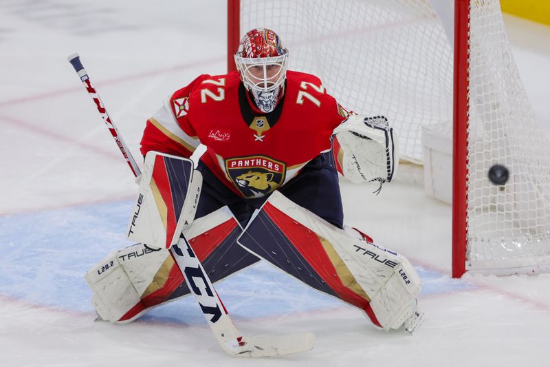 Dec 23, 2023; Sunrise, Florida, USA; Florida Panthers goaltender Sergei Bobrovsky (72) watches the puck go wide against the Vegas Golden Knights during the third period at Amerant Bank Arena. Mandatory Credit: Sam Navarro-USA TODAY Sports