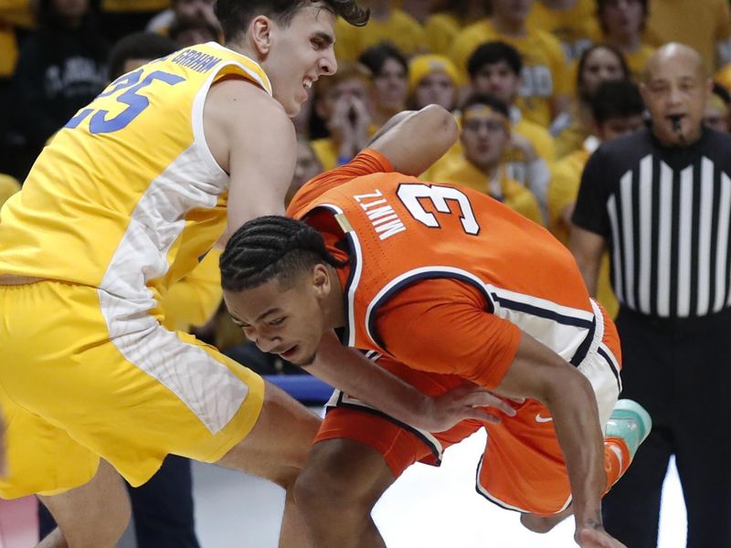 Jan 16, 2024; Pittsburgh, Pennsylvania, USA; Pittsburgh Panthers forward Guillermo Diaz Graham (25) fouls Syracuse Orange guard Judah Mintz (3) on his way to the basket during the first half at the Petersen Events Center. Mandatory Credit: Charles LeClaire-USA TODAY Sports