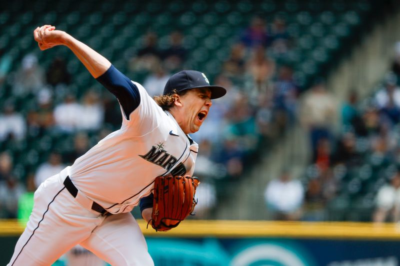 May 30, 2024; Seattle, Washington, USA; Seattle Mariners starting pitcher Logan Gilbert (36) throws against the Houston Astros during the first inning at T-Mobile Park. Mandatory Credit: Joe Nicholson-USA TODAY Sports