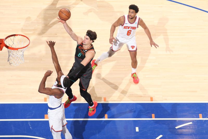 NEW YORK, NY - JANUARY 18: Deni Avdija #8 of the Washington Wizards drives to the basket during the game against the New York Knicks on January 18, 2024 at Madison Square Garden in New York City, New York. NOTE TO USER: User expressly acknowledges and agrees that, by downloading and or using this photograph, User is consenting to the terms and conditions of the Getty Images License Agreement. Mandatory Copyright Notice: Copyright 2024 NBAE  (Photo by Nathaniel S. Butler/NBAE via Getty Images)