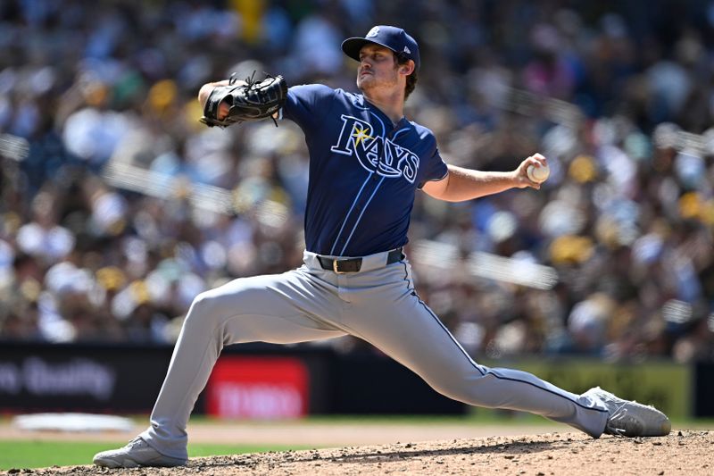 Apr 27, 2025; San Diego, California, USA; Tampa Bay Rays relief pitcher Mason Montgomery (48) delivers during the seventh inning against the Tampa Bay Rays at Petco Park. Mandatory Credit: Denis Poroy-Imagn Images