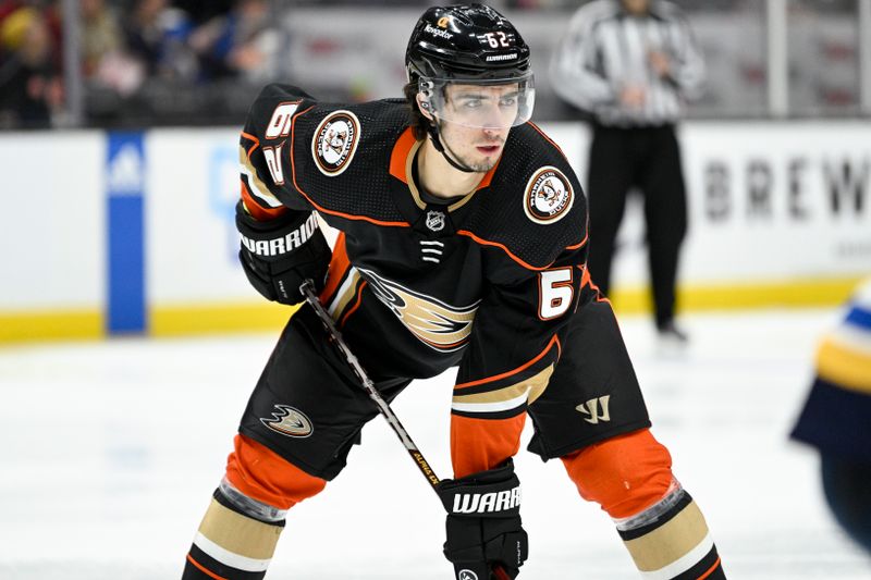 Mar 25, 2023; Anaheim, California, USA; Anaheim Ducks center Nikita Nesterenko (62) looks on during the third period against the St. Louis Blues at Honda Center. Mandatory Credit: Kelvin Kuo-USA TODAY Sports