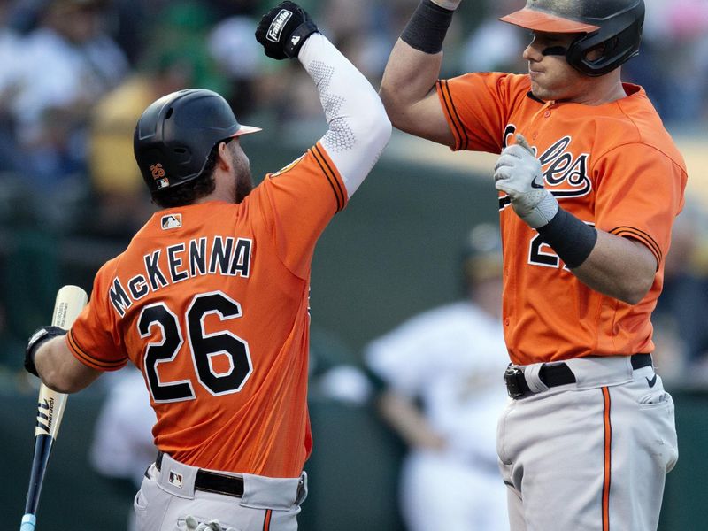 Aug 19, 2023; Oakland, California, USA; Baltimore Orioles catcher James McCann (27) celebrates his solo home run against the Oakland Athletics with teammate Ryan McKenna (26) during the fourth inning at Oakland-Alameda County Coliseum. Mandatory Credit: D. Ross Cameron-USA TODAY Sports