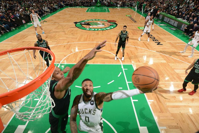 BOSTON, MA - MARCH 20: Damian Lillard #0 of the Milwaukee Bucks drives to the basket during the game against the Boston Celtics on March 20, 2024 at the TD Garden in Boston, Massachusetts. NOTE TO USER: User expressly acknowledges and agrees that, by downloading and or using this photograph, User is consenting to the terms and conditions of the Getty Images License Agreement. Mandatory Copyright Notice: Copyright 2024 NBAE  (Photo by Brian Babineau/NBAE via Getty Images)