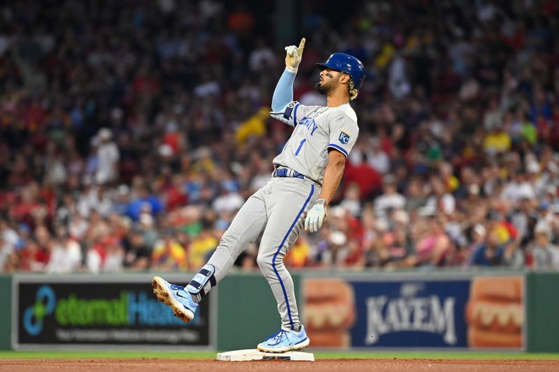 Aug 9, 2023; Boston, Massachusetts, USA;Kansas City Royals left fielder MJ Melendez (1) reacts to a hit that was ruled a home run after instant review by officials during the fourth inning against the Boston Red Sox at Fenway Park. Mandatory Credit: Eric Canha-USA TODAY Sports