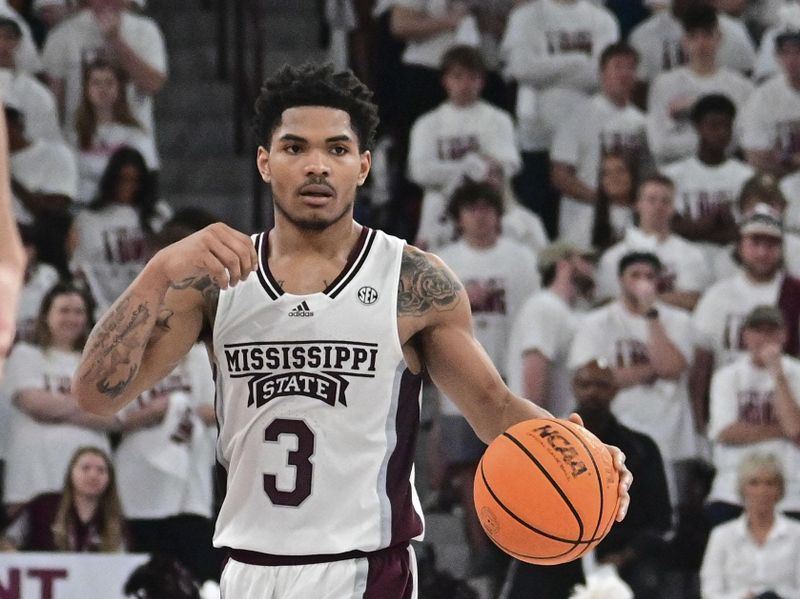 Feb 15, 2023; Starkville, Mississippi, USA; Mississippi State Bulldogs guard Shakeel Moore (3) handles the ball against the Kentucky Wildcats during the second half at Humphrey Coliseum. Mandatory Credit: Matt Bush-USA TODAY Sports