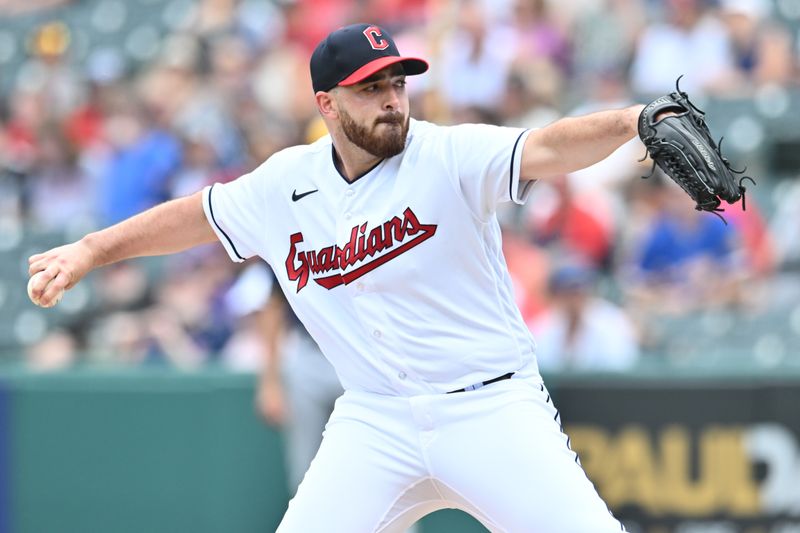 Jun 25, 2023; Cleveland, Ohio, USA; Cleveland Guardians starting pitcher Aaron Civale (43) throws a pitch during the first inning against the Milwaukee Brewers at Progressive Field. Mandatory Credit: Ken Blaze-USA TODAY Sports