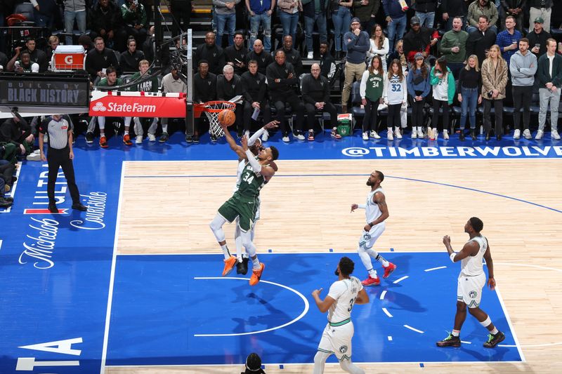 MINNEAPOLIS, MN -  FEBRUARY 23: Giannis Antetokounmpo #34 of the Milwaukee Bucks goes to the basket during the game on February 23, 2024 at Target Center in Minneapolis, Minnesota. NOTE TO USER: User expressly acknowledges and agrees that, by downloading and or using this Photograph, user is consenting to the terms and conditions of the Getty Images License Agreement. Mandatory Copyright Notice: Copyright 2024 NBAE (Photo by David Sherman/NBAE via Getty Images)