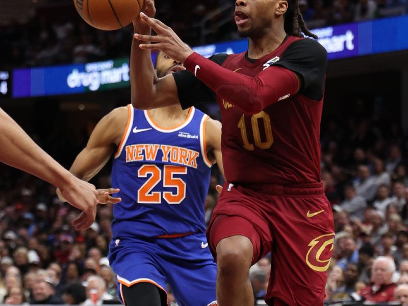 CLEVELAND, OH - APRIL 2:  Darius Garland #10 of the Cleveland Cavaliers =lt= against the New York Knicks on April 2, 2025 at Rocket Mortgage FieldHouse in Cleveland, Ohio. NOTE TO USER: User expressly acknowledges and agrees that, by downloading and/or using this Photograph, user is consenting to the terms and conditions of the Getty Images License Agreement. Mandatory Copyright Notice: Copyright 2025 NBAE (Photo by  Lauren Leigh Bacho/NBAE via Getty Images)