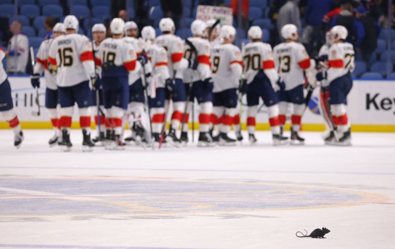 Oct 28, 2024; Buffalo, New York, USA;  The Florida Panthers celebrate a win over the Buffalo Sabres at KeyBank Center. Mandatory Credit: Timothy T. Ludwig-Imagn Images