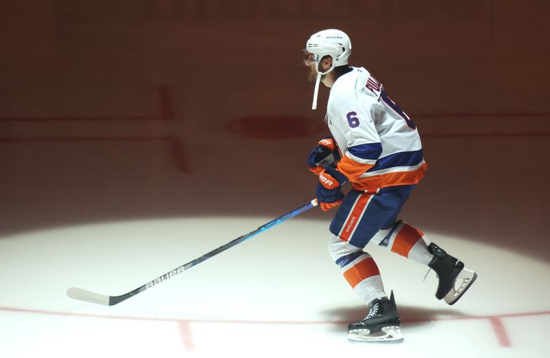 Oct 9, 2025; Pittsburgh, Pennsylvania, USA;  New York Islanders defenseman Ryan Pulock (6) takes the ice against the Pittsburgh Penguins at PPG Paints Arena. Mandatory Credit: Charles LeClaire-Imagn Images
