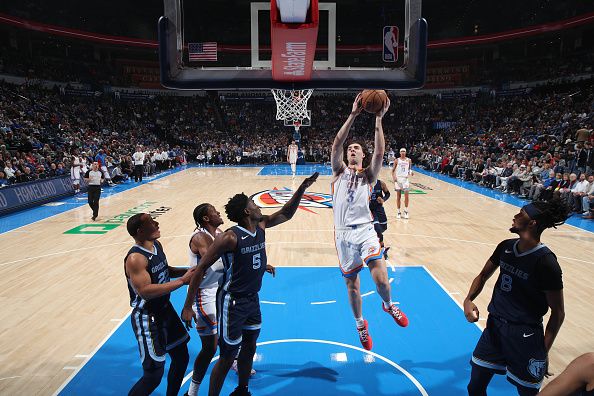 OKLAHOMA CITY, OK - DECEMBER 18: Josh Giddey #3 of the Oklahoma City Thunder drives to the basket during the game against the Memphis Grizzlies on December 18, 2023 at Paycom Arena in Oklahoma City, Oklahoma. NOTE TO USER: User expressly acknowledges and agrees that, by downloading and or using this photograph, User is consenting to the terms and conditions of the Getty Images License Agreement. Mandatory Copyright Notice: Copyright 2023 NBAE (Photo by Zach Beeker/NBAE via Getty Images)