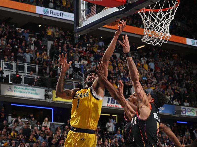 INDIANAPOLIS, IN - JANUARY 26:  Obi Toppin #1 of the Indiana Pacers drives to the basket for the game winner against the Phoenix Suns on January 26, 2024 at Gainbridge Fieldhouse in Indianapolis, Indiana. NOTE TO USER: User expressly acknowledges and agrees that, by downloading and or using this Photograph, user is consenting to the terms and conditions of the Getty Images License Agreement. Mandatory Copyright Notice: Copyright 2024 NBAE (Photo by Jeff Haynes/NBAE via Getty Images)