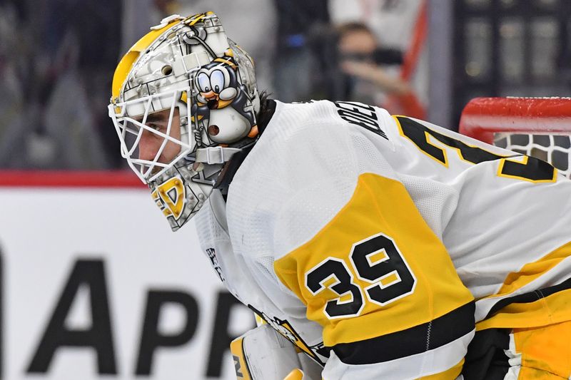 Jan 8, 2024; Philadelphia, Pennsylvania, USA; Pittsburgh Penguins goaltender Alex Nedeljkovic (39) against the Philadelphia Flyers during the first period at Wells Fargo Center. Mandatory Credit: Eric Hartline-USA TODAY Sports