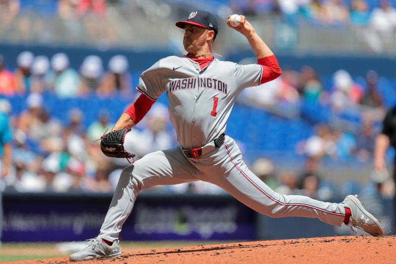 Apr 13, 2025; Miami, Florida, USA; Washington Nationals starting pitcher MacKenzie Gore (1) delivers a pitch against the Miami Marlins during the first inning at loanDepot Park. Mandatory Credit: Sam Navarro-Imagn Images