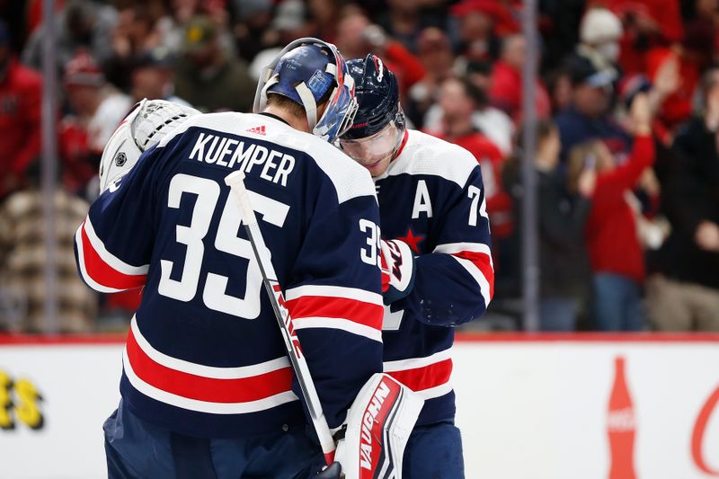 Jan 7, 2024; Washington, District of Columbia, USA; Washington Capitals defenseman John Carlson (74) celebrates with Capitals goaltender Darcy Kuemper (35) after defeating the Los Angeles Kings at Capital One Arena. Mandatory Credit: Amber Searls-USA TODAY Sports