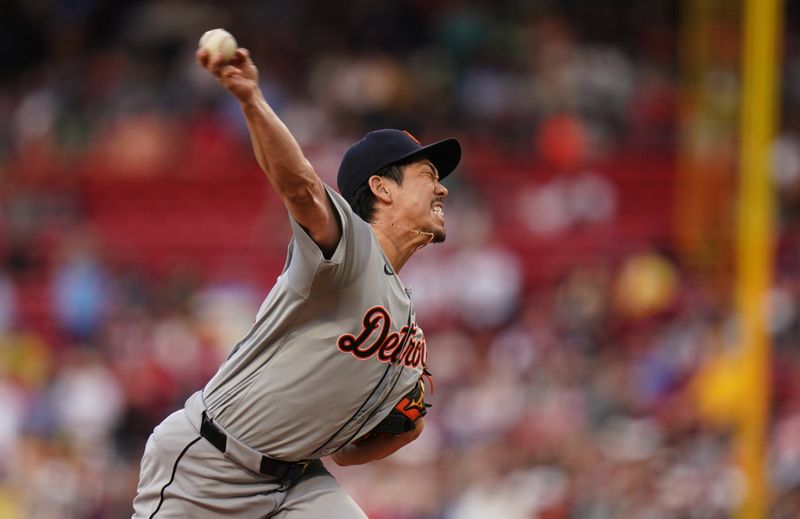 May 31, 2024; Boston, Massachusetts, USA;  Detroit Tigers starting pitcher Kenta Maeda (18) throws a pitch against the Boston Red Sox in the first inning at Fenway Park. Mandatory Credit: David Butler II-USA TODAY Sports