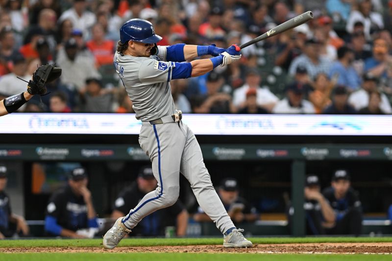 Aug 2, 2024; Detroit, Michigan, USA;  Kansas City Royals shortstop Bobby Witt Jr. (7) hits an infield single against the Detroit Tigers in the seventh inning at Comerica Park.  Mandatory Credit: Lon Horwedel-USA TODAY Sports