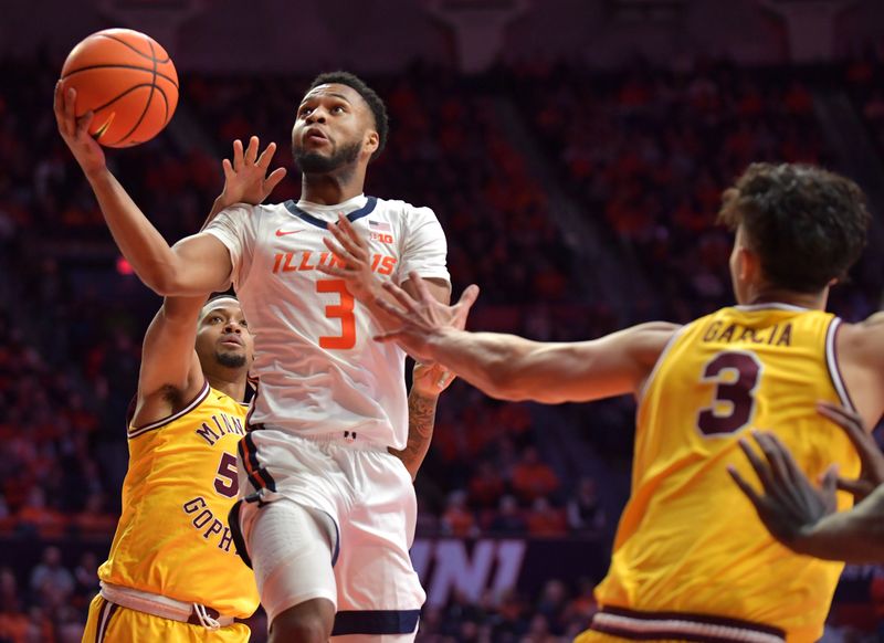 Feb 20, 2023; Champaign, Illinois, USA;  Illinois Fighting Illini guard Jayden Epps (3) derives the ball between Minnesota Golden Gophers guard Ta'lon Cooper (55) and Dawson Garcia (3) during the first half at State Farm Center. Mandatory Credit: Ron Johnson-USA TODAY Sports