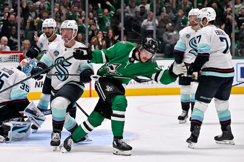Feb 25, 2026; Dallas, Texas, USA;  Dallas Stars center Sam Steel (18) celebrates after he scores a goal against the Seattle Kraken during the second period at the American Airlines Center. Mandatory Credit: Jerome Miron-Imagn Images