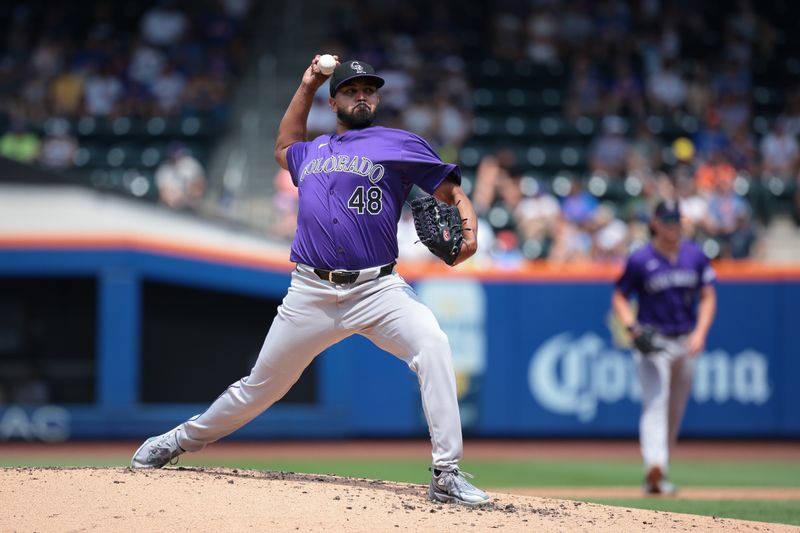 Jul 14, 2024; New York City, New York, USA; Colorado Rockies starting pitcher German Marquez (48) delivers a pitch during the third inning against the New York Mets at Citi Field. Mandatory Credit: Vincent Carchietta-USA TODAY Sports