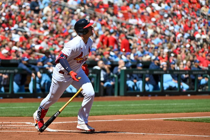 Apr 2, 2023; St. Louis, Missouri, USA;  St. Louis Cardinals designated hitter Nolan Gorman (16) hits a two run home  run against the Toronto Blue Jays during the first inning at Busch Stadium. Mandatory Credit: Jeff Curry-USA TODAY Sports