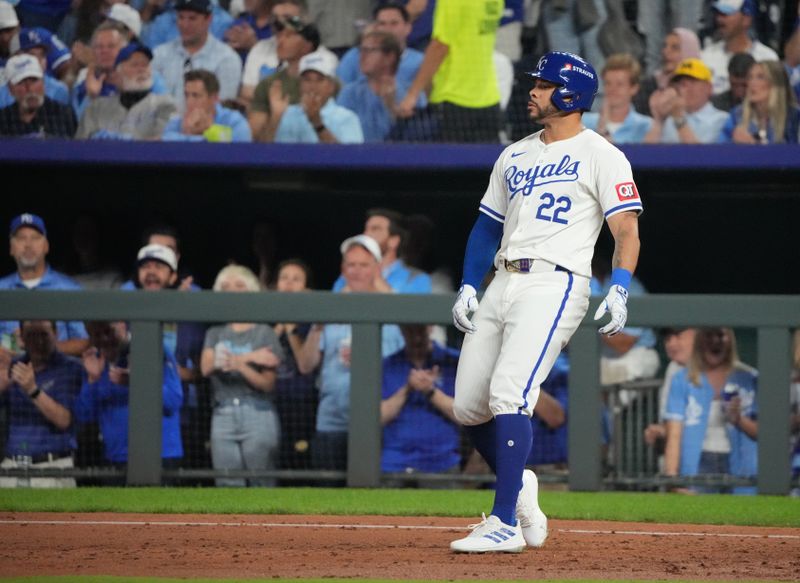 Oct 10, 2024; Kansas City, Missouri, USA; Kansas City Royals outfielder Tommy Pham (22) reacts after hitting a single during the third inning against the New York Yankees during game four of the ALDS for the 2024 MLB Playoffs at Kauffman Stadium. Mandatory Credit: Denny Medley-Imagn Images