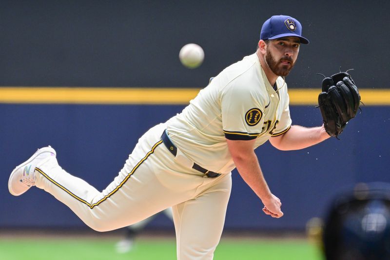 Aug 29, 2024; Milwaukee, Wisconsin, USA; Milwaukee Brewers starting pitcher Aaron Civale (32) pitches in the first inning against the San Francisco Giants at American Family Field. Mandatory Credit: Benny Sieu-USA TODAY Sports