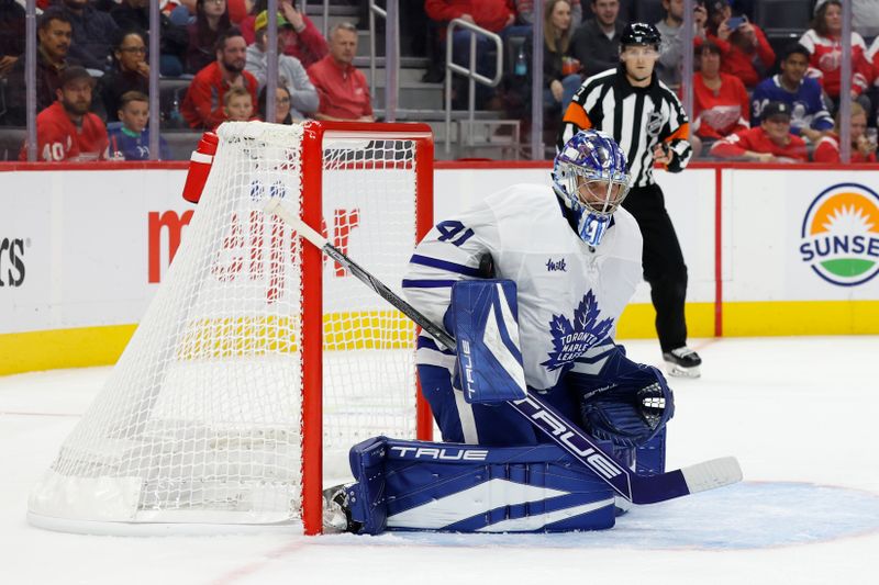 Oct 3, 2024; Detroit, Michigan, USA;  Toronto Maple Leafs goaltender Anthony Stolarz (41) makes a save in the second period against the Detroit Red Wings at Little Caesars Arena. Mandatory Credit: Rick Osentoski-Imagn Images