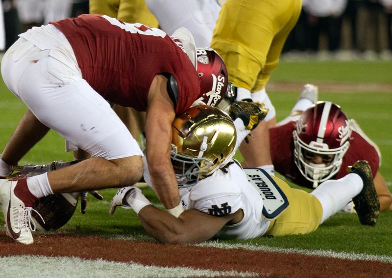 Nov 25, 2023; Stanford, California, USA; Notre Dame Fighting Irish running back Gi'Bran Payne (3) dives across the goal line for a touchdown against the Stanford Cardinal during the second quarter at Stanford Stadium. Mandatory Credit: D. Ross Cameron-USA TODAY Sports