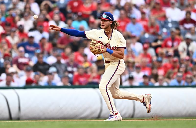 Jun 5, 2024; Philadelphia, Pennsylvania, USA; Philadelphia Phillies infielder Alec Bohm (28) throws to home plate against the Milwaukee Brewers in the seventh inning at Citizens Bank Park. Mandatory Credit: Kyle Ross-USA TODAY Sports