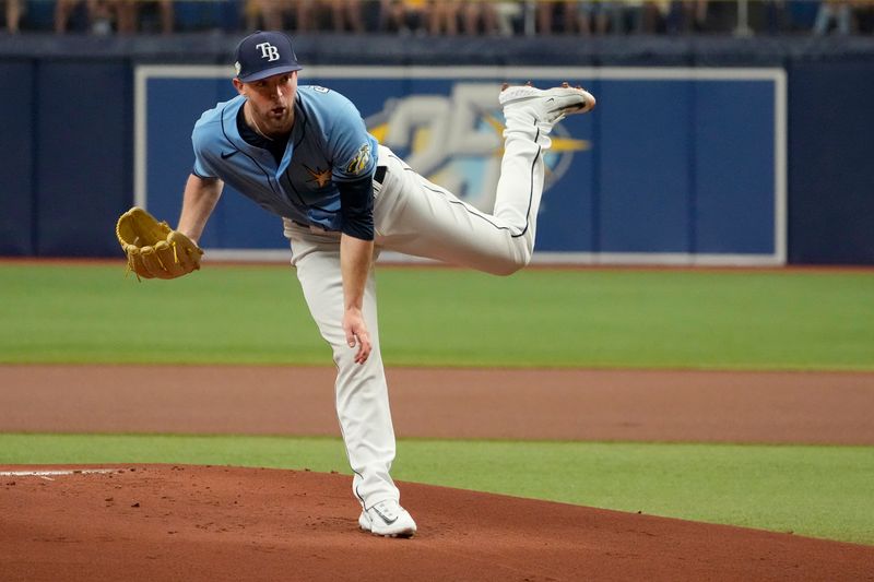 Apr 2, 2023; St. Petersburg, Florida, USA; Tampa Bay Rays starting pitcher Jeffrey Springs (59) throws a pitch against the Detroit Tigers during the first inning at Tropicana Field. Mandatory Credit: Dave Nelson-USA TODAY Sports