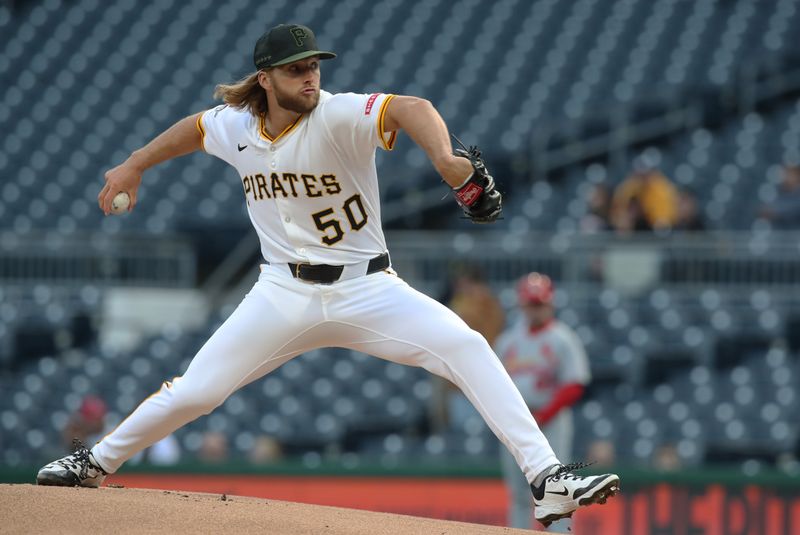 Apr 7, 2025; Pittsburgh, Pennsylvania, USA;  Pittsburgh Pirates pitcher Carmen Mlodzinski (50) delivers a pitch against the St. Louis Cardinals during the first inning at PNC Park. Mandatory Credit: Charles LeClaire-Imagn Images