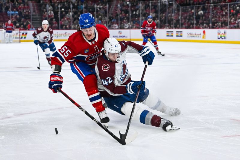 Jan 15, 2024; Montreal, Quebec, CAN; Colorado Avalanche defenseman Josh Manson (42) defends the puck against Montreal Canadiens left wing Michael Pezzetta (55) during the first period at Bell Centre. Mandatory Credit: David Kirouac-USA TODAY Sports