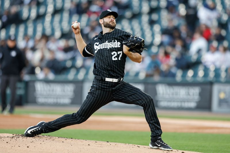 Apr 18, 2023; Chicago, Illinois, USA; Chicago White Sox starting pitcher Lucas Giolito (27) delivers against the Philadelphia Phillies during the first inning of game two of the doubleheader at Guaranteed Rate Field. Mandatory Credit: Kamil Krzaczynski-USA TODAY Sports