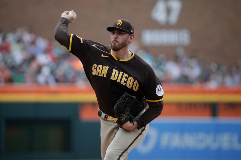 Jul 23, 2023; Detroit, Michigan, USA; San Diego Padres starting pitcher Joe Muskgrove (44) pitches during the third inning at Comerica Park. Mandatory Credit: Brian Bradshaw Sevald-USA TODAY Sports