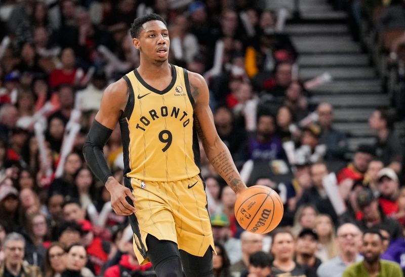 TORONTO, ON - APRIL 7: RJ Barrett #9 of the Toronto Raptors dribbles against the Washington Wizards during the second half of their basketball game at the Scotiabank Arena on April 7, 2024 in Toronto, Ontario, Canada. NOTE TO USER: User expressly acknowledges and agrees that, by downloading and/or using this Photograph, user is consenting to the terms and conditions of the Getty Images License Agreement. (Photo by Mark Blinch/Getty Images)