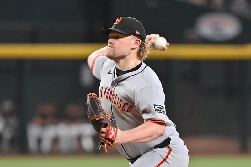 Jun 30, 2025; Phoenix, Arizona, USA;  San Francisco Giants pitcher Logan Webb (62) throws in the first inning against the Arizona Diamondbacks at Chase Field. Mandatory Credit: Matt Kartozian-Imagn Images