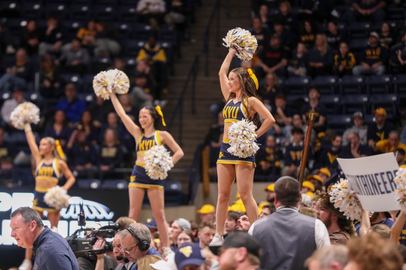 Jan 31, 2026; Morgantown, West Virginia, USA; West Virginia Mountaineers cheerleaders perform during the second half against the Baylor Bears at Hope Coliseum. Mandatory Credit: Ben Queen-Imagn Images